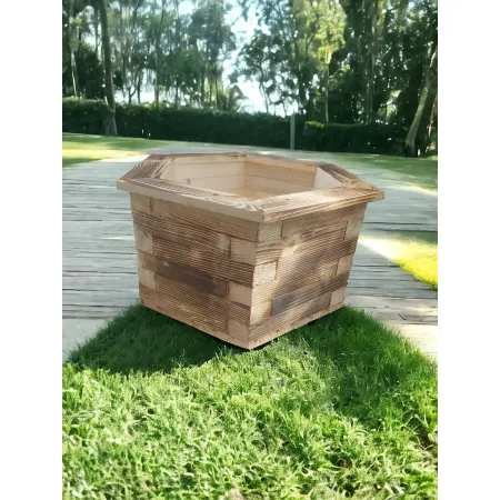 Drewniana donica sześciokątna opalana 47cm grubość ścian 4cm